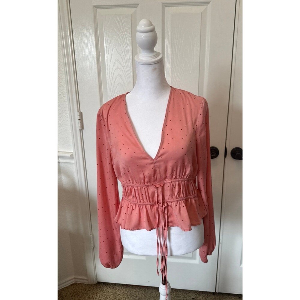 Blush Pink Polka Dot Peplum Blouse – V-Neck Tie Waist Top